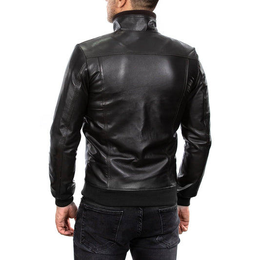 Cazadora bomber de piel auténtica negra para hombre, con cuello de punto y piel Rindway