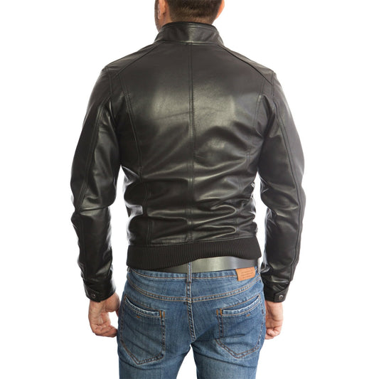 Cazadora bomber de piel auténtica negra para hombre, con cremalleras en el pecho y los bolsillos Rindway
