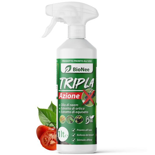 Tripla Azione Spray 1 Lt | Mit Neemöl, Brennnesselextrakt und Schachtelhalm | Natürlich, Gebrauchsfertig, Rückstandsfrei | Schutz und Stärkung für Pflanzen und Garten