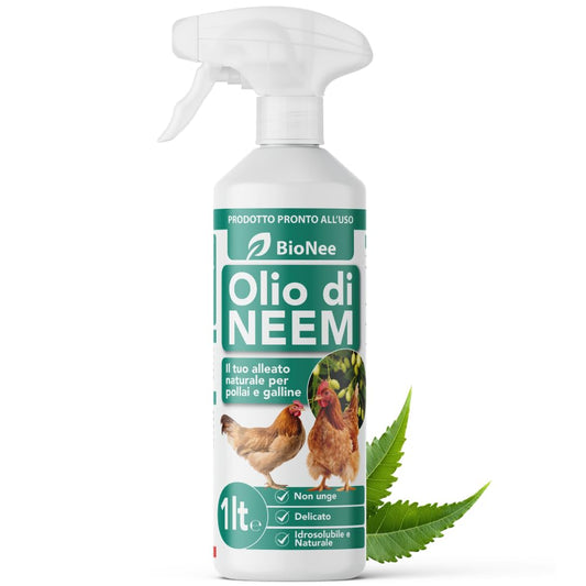 Bionee Aceite de Neem Spray Gallinero y Gallinas 1L – Loción Natural Lista para Usar, Protección Contra Insectos y Parásitos, Seguro y Delicado, Hidrosoluble, Residuo Cero