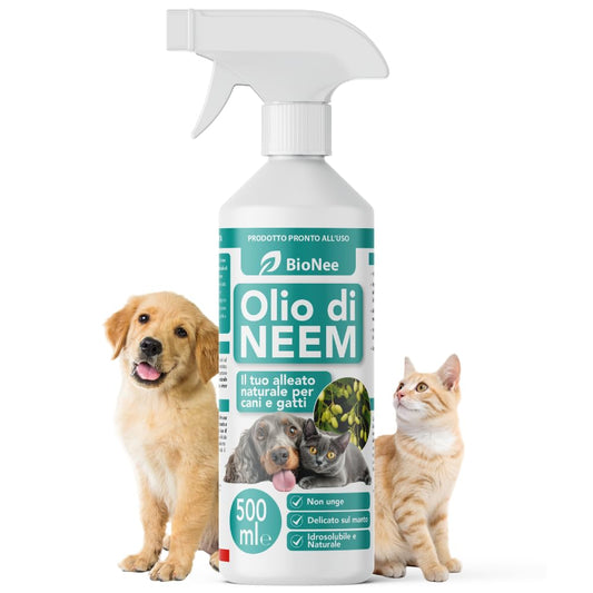Aceite de Neem para Perros y Gatos Spray 500 ml – Hidrosoluble, Natural, No Engrasa – Acción Delicada, Efecto Barrera Desagradable para Garrapatas, Pulgas, Mosquitos e Insectos