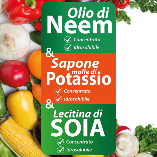 Olio di Neem - insetticida naturale biologico solubile in acqua (1 litro) + Sapone Molle di Potassio (1 litro) + Lecitina di Soia (1 litro)