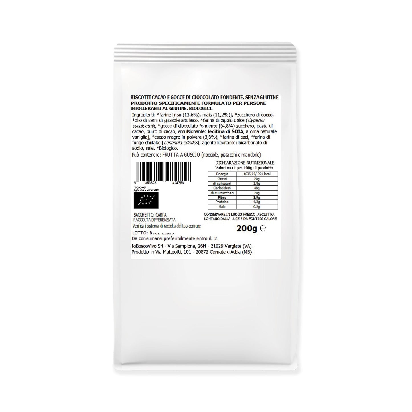 Biscotti senza Glutine al Cacao e gocce di Cioccolato fondente BIO 200g