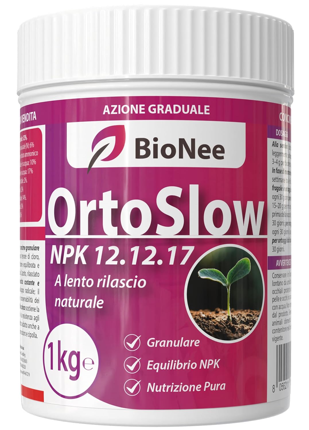 Bionee OrtoSlow 1 Kg – Engrais Granulaire NPK 12.12.17 à Libération Lente | Nutrition Complète et Équilibrée pour Légumes, Verger et Jardin | Avec Magnésium, Soufre et Zinc