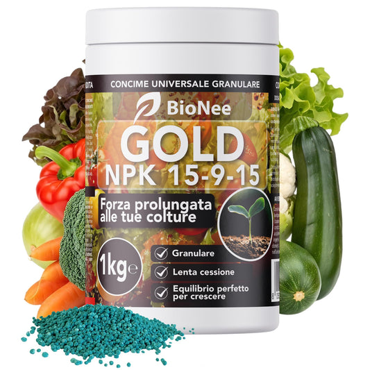 BIONEE NPK GOLD 15-9-15 – Fertilizante Universal de Liberação Lenta para Horta, Pomar, Gramado e Plantas Ornamentais – Com Magnésio, Enxofre e Ferro – 1 kg