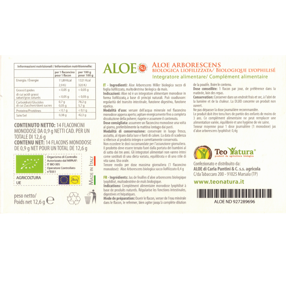 Organic Freeze-Dried Aloe Arborescens | ALOE ND | Concentrated Supplement - 14 Vials