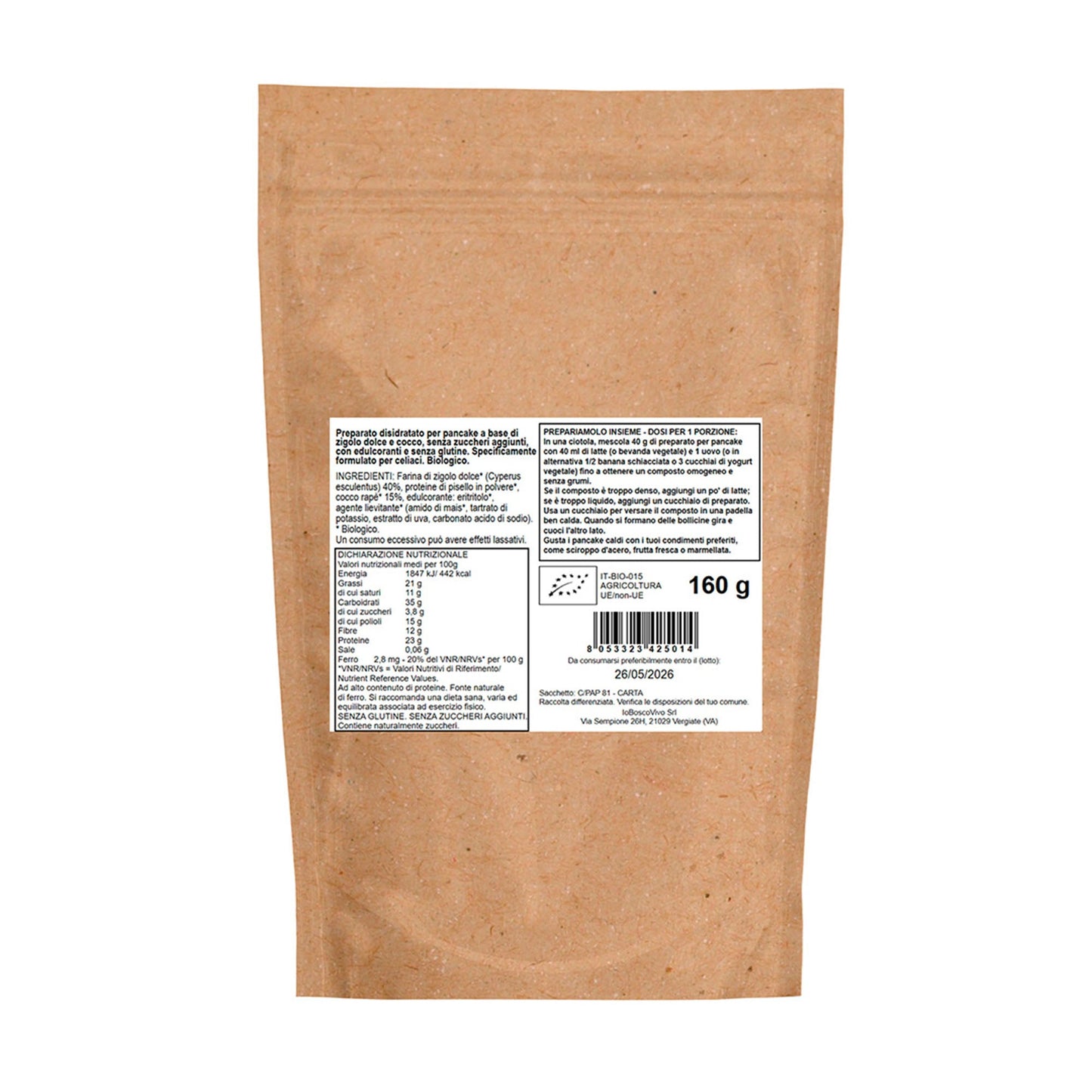 Preparato Bio per Pancake Proteici al Cocco e Chufa Senza Glutine 160g