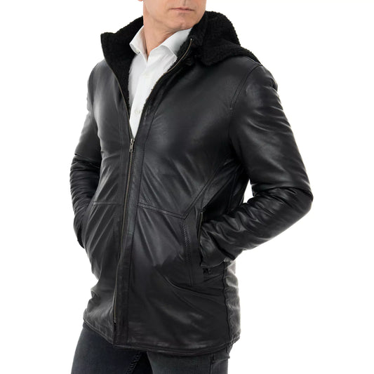 Abrigo chaqueta de piel auténtica negra para hombre, corte slim, estilo borrego, con bolsillos y cremallera Rindway