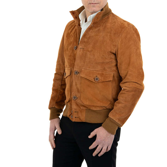 Chaqueta bomber de piel auténtica de ante quemado para hombre, corte slim, con botones y bolsillos grandes Rindway