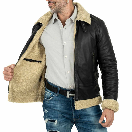 Slim-Bikerjacke aus echtem schwarzem Leder für Herren im Lammfellstil mit Kragen und Schnalle Rindway