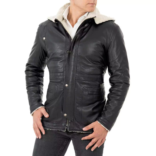 Abrigo-chaqueta de auténtica piel negra para hombre, corte entallado, con bolsillos grandes, estilo piel de oveja y capucha extraíble Rindway