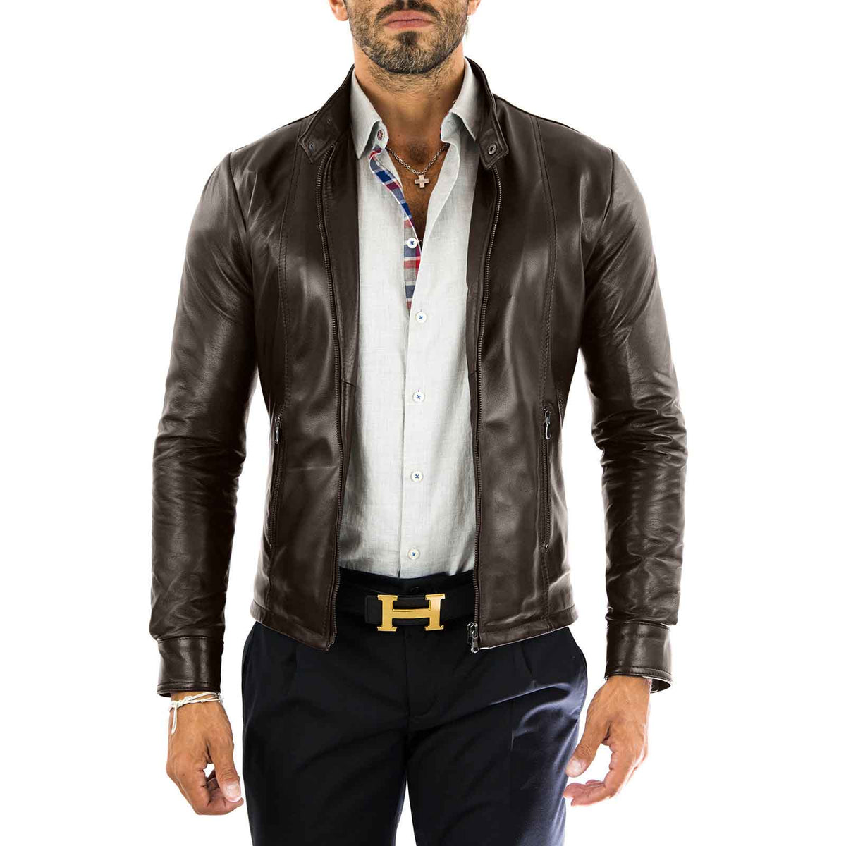 Slim-Bikerjacke aus echtem blauem Leder für Herren mit vorderen Nähten Rindway