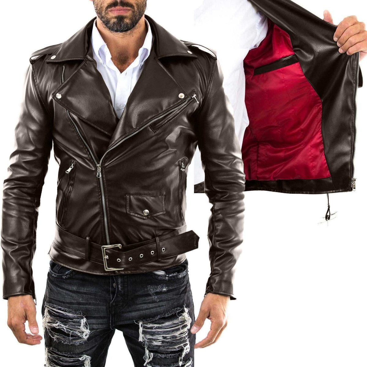 Bikerjacke aus echtem schwarzem Leder für Herren im Slim-Fit mit rotem Innenfutter, Rindway
