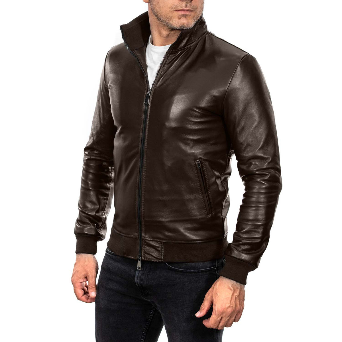 Cazadora bomber de piel auténtica negra para hombre, con cuello de punto y piel Rindway