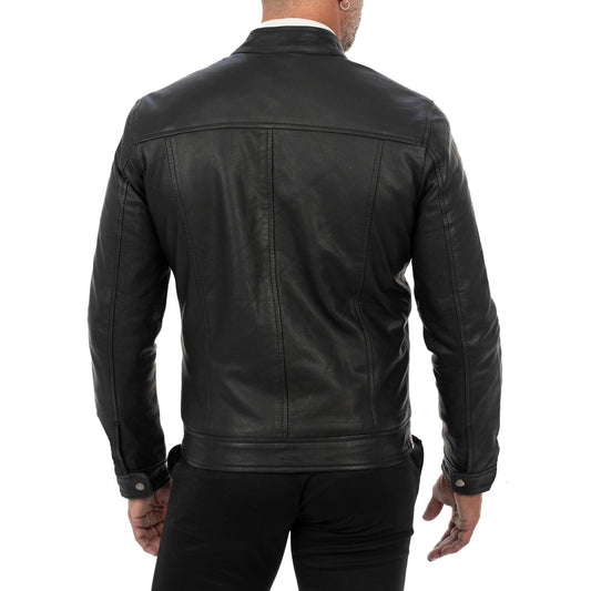Schwarze Bikerjacke aus echtem Leder für Herren, Slim Fit, Stehkragen, Rindway