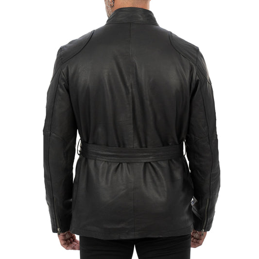 Chaquetón largo de auténtica piel negra para hombre, corte entallado, con bolsillos grandes y cinturón en la cintura Rindway