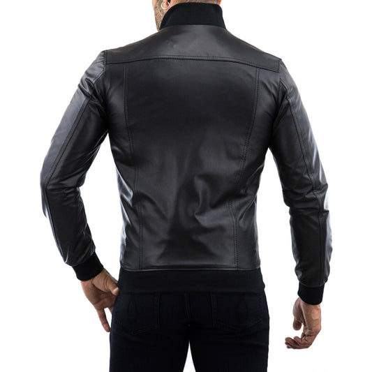 Chaqueta bomber de auténtica piel negra para hombre, corte entallado, con detalle en los hombros Rindway