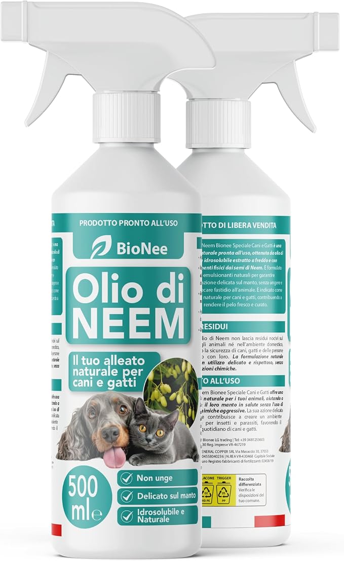 Huile de Neem pour Chiens et Chats Spray 500 ml – Hydrosoluble, Naturelle, Non Grasse – Action Douce, Effet Barrière Désagréable pour Tiques Puces Moustiques Insectes