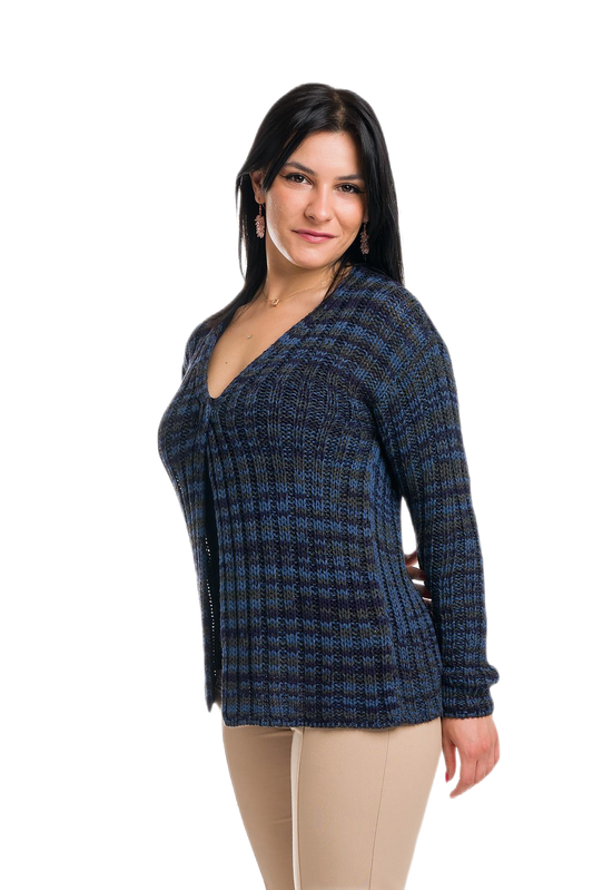 Erica: cárdigan de mujer en viscosa a canalé 2x2 con colores estampados