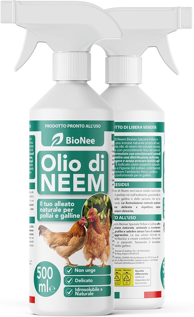Bionee Huile de Neem Spray Poulailler et Poules 500 ml – Lotion Naturelle Prête à l’Emploi, Protection Contre Insectes et Parasites, Sûr et Doux, Hydrosoluble, Zéro Résidus