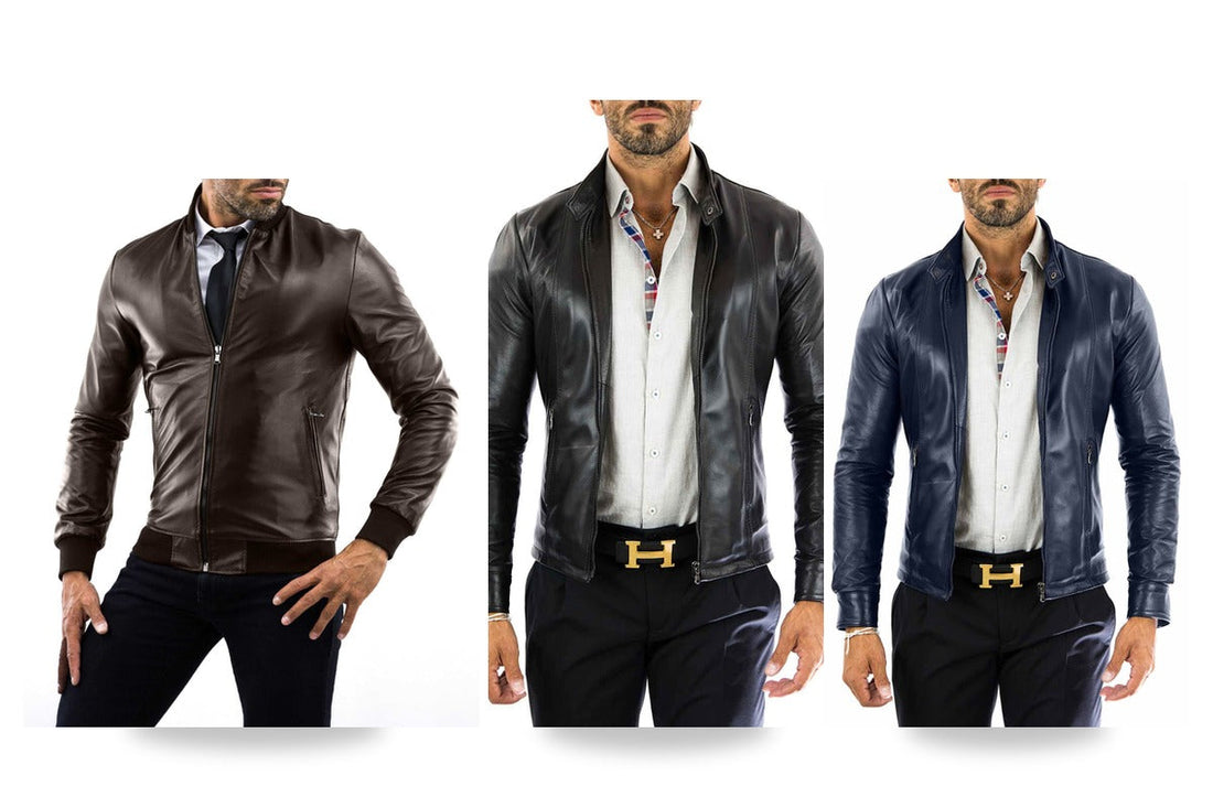 Tre giacche in vera pelle Rindway (marrone, nera, blu) indossate, su fondo bianco