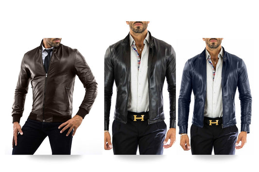 Tre giacche in vera pelle Rindway (marrone, nera, blu) indossate, su fondo bianco