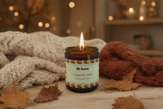 Candela At Home Caramello Salato in scena autunnale con plaid e luci calde