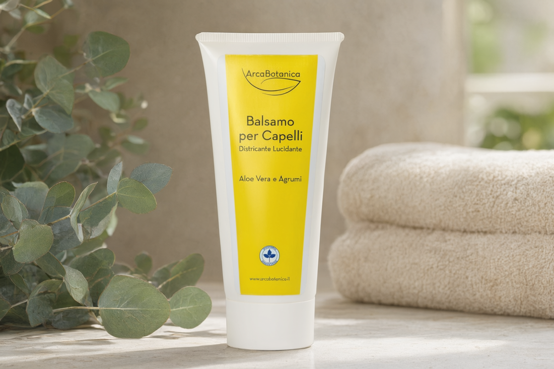 Balsamo Arca Botanica su mensola con eucalipto e asciugamani