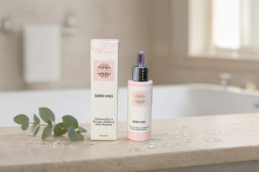Siero Viso Vitamina B12 e Manna delle Madonie di SKIVY su mensola di pietra con eucalipto