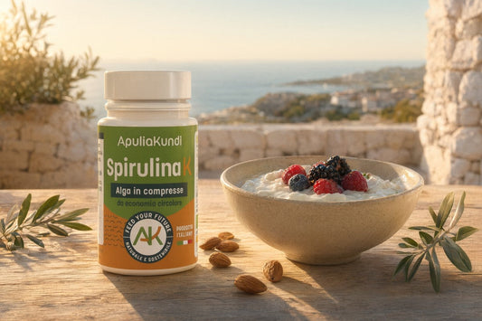 Barattolo di Spirulina K BIO ApuliaKundi con yogurt e frutti di bosco su una terrazza pugliese al mattino