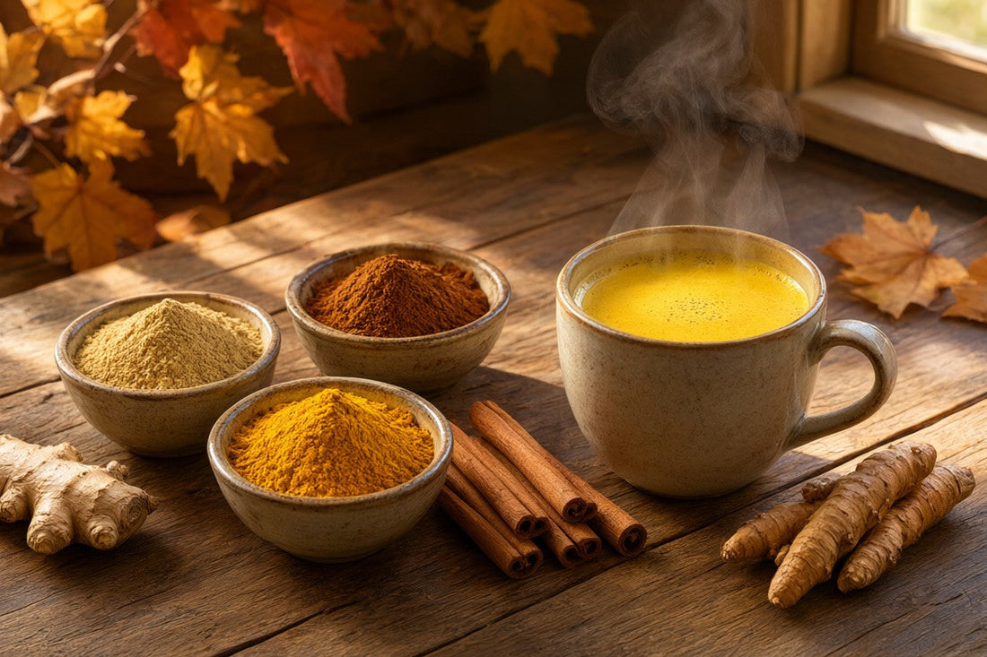 Spezie d'autunno: curcuma, zenzero e cannella su tavolo di legno con golden milk fumante