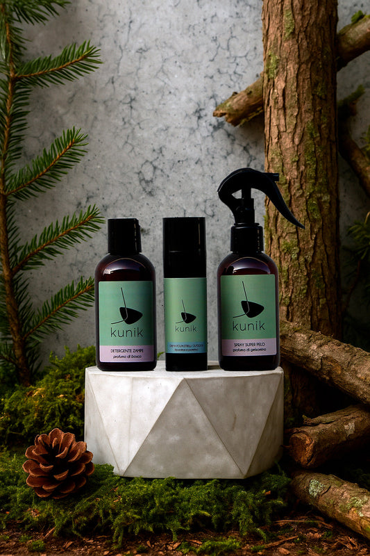 Kunik – linea di prodotti naturali per la cura di cani e gatti: shampoo, spray pelo, creme polpastrelli e kit essenziali