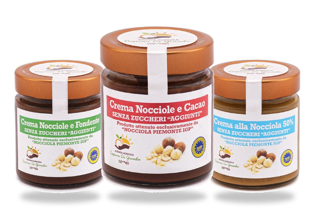Tre creme spalmabili alla Nocciola Piemonte IGP di Cascina Cà Granda su sfondo bianco
