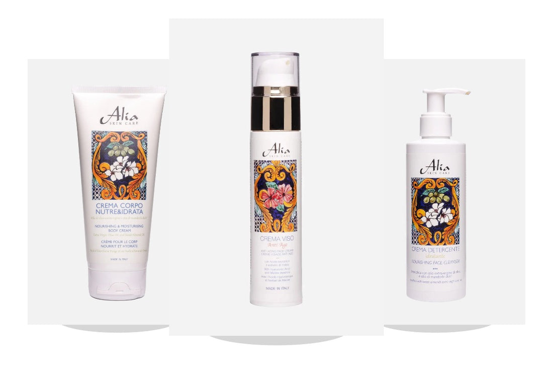 Creme viso e corpo Alia Skin Care di cosmesi naturale su sfondo bianco
