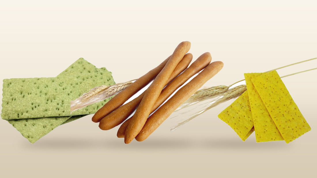 Crackers e grissini biologici Bio-Pan: crackers alla spirulina, grissini classici e crackers alla curcuma con spighe di grano