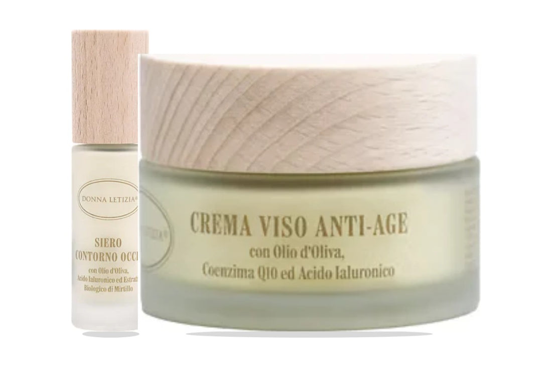 Crema Viso Anti-Age al Coenzima Q10 e Siero Contorno Occhi Donna Letizia su sfondo bianco