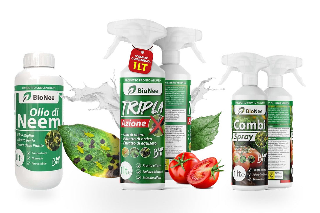 Olio di neem, spray tripla azione e combi spray BioNee per la difesa naturale delle piante su sfondo bianco