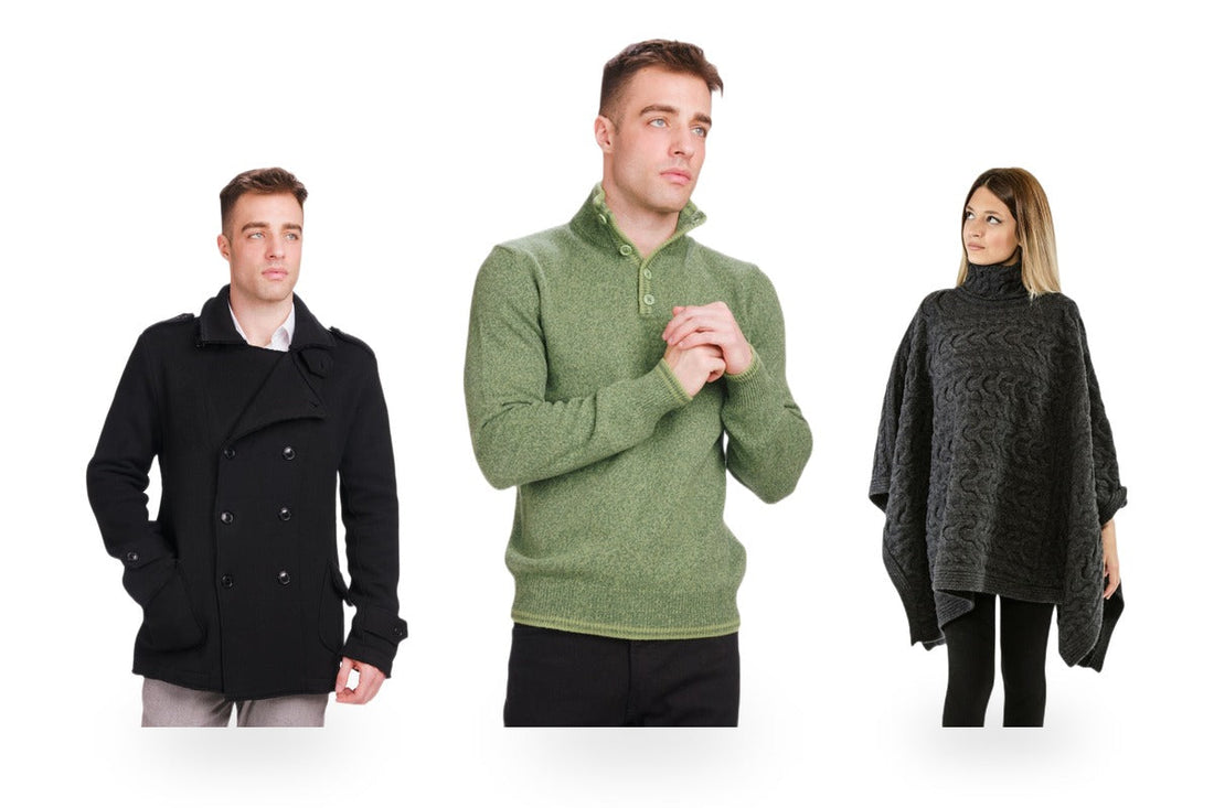 Capi in fibre naturali: giacca in lana merino, maglione in lana e cashmere e mantella in lana Made in Italy su sfondo bianco