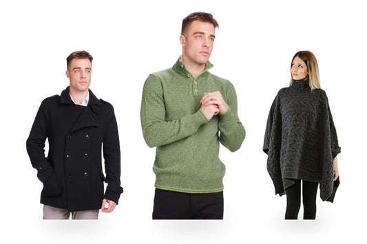 Capi in fibre naturali: giacca in lana merino, maglione in lana e cashmere e mantella in lana Made in Italy su sfondo bianco