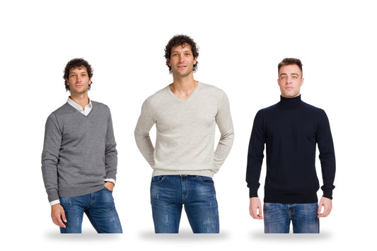Maglieria uomo in lana merino e cashmere di Punto Maglia su sfondo bianco