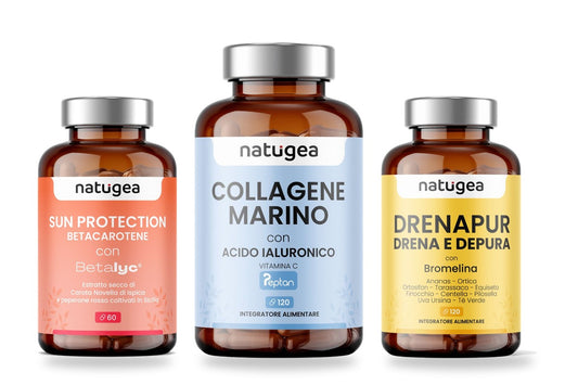 Integratori Natugea: Betacarotene Sun Protection, Collagene Marino e Drenapur su sfondo bianco