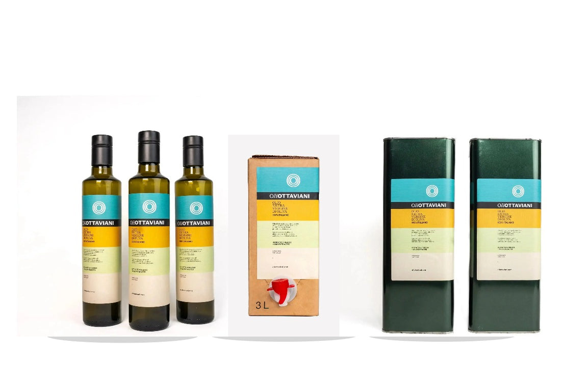 Composizione dei formati di olio extravergine Oliottaviani su sfondo bianco