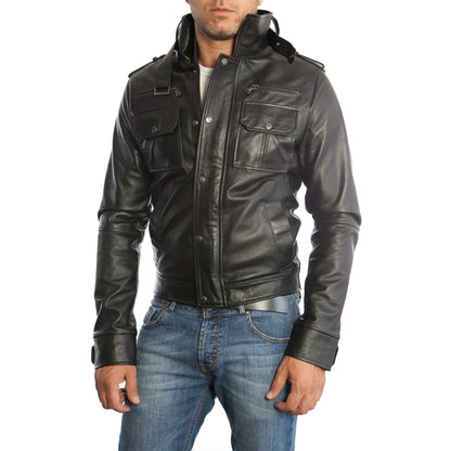 Bikerjacke aus echtem schwarzem Leder, Herren-Slim-Fit, sechs Vordertaschen, Rindway