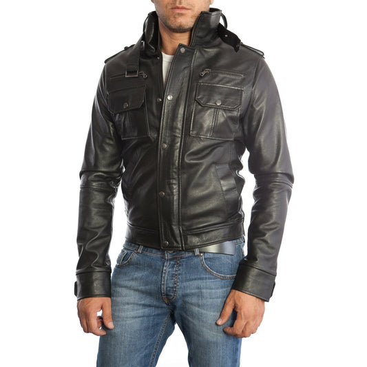 Blouson biker homme slim en véritable cuir noir avec six poches frontales Rindway