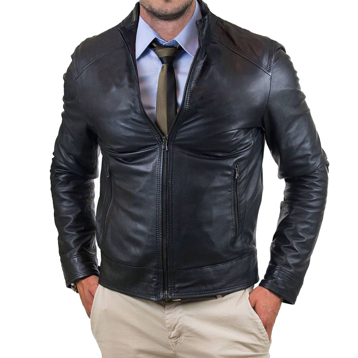Veste biker slim pour homme en véritable cuir noir avec fermeture zippée jusqu’au col Rindway