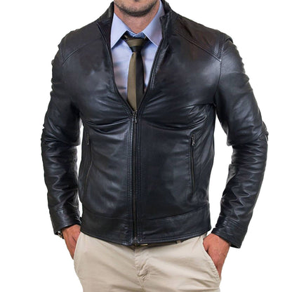 Veste biker slim pour homme en véritable cuir noir avec fermeture zippée jusqu’au col Rindway