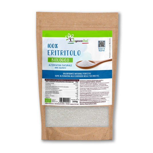 100% Eritritolo in cristalli fini BIO - 200g - Zero Calorie - Dolcificante Naturale