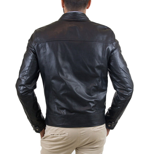 Slim-Bikerjacke aus echtem schwarzem Leder für Herren mit Reißverschluss bis zum Kragen Rindway
