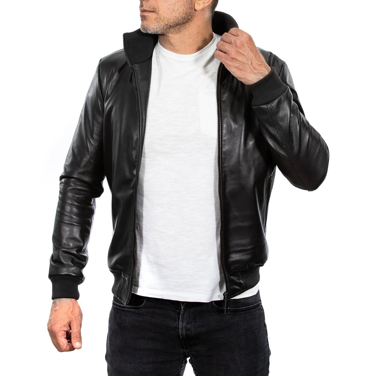 Cazadora bomber de piel auténtica negra para hombre, con cuello de punto y piel Rindway