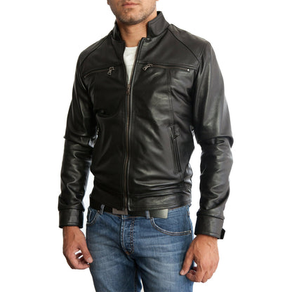 Slim-Bikerjacke aus echtem schwarzem Leder für Herren mit vier Taschen Rindway